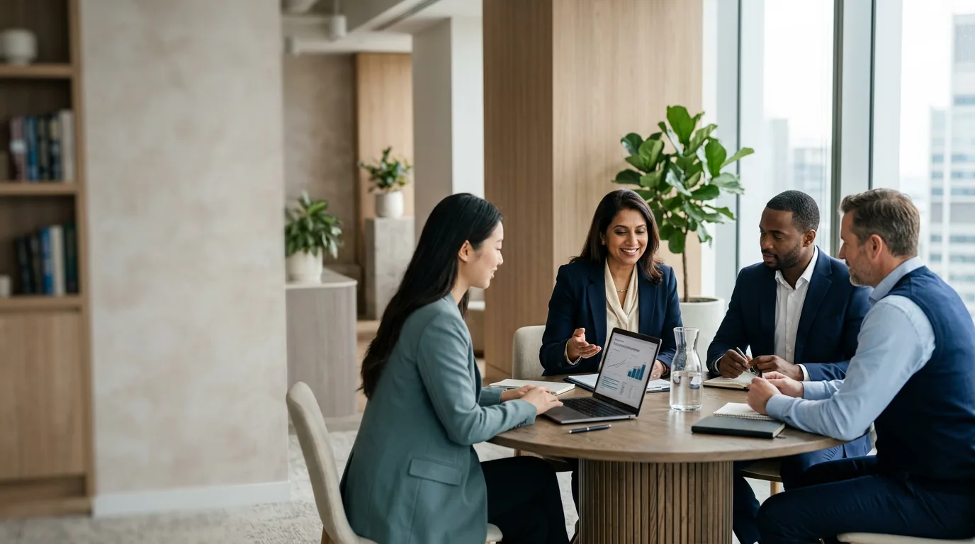A finance advisory team collaborating around a table