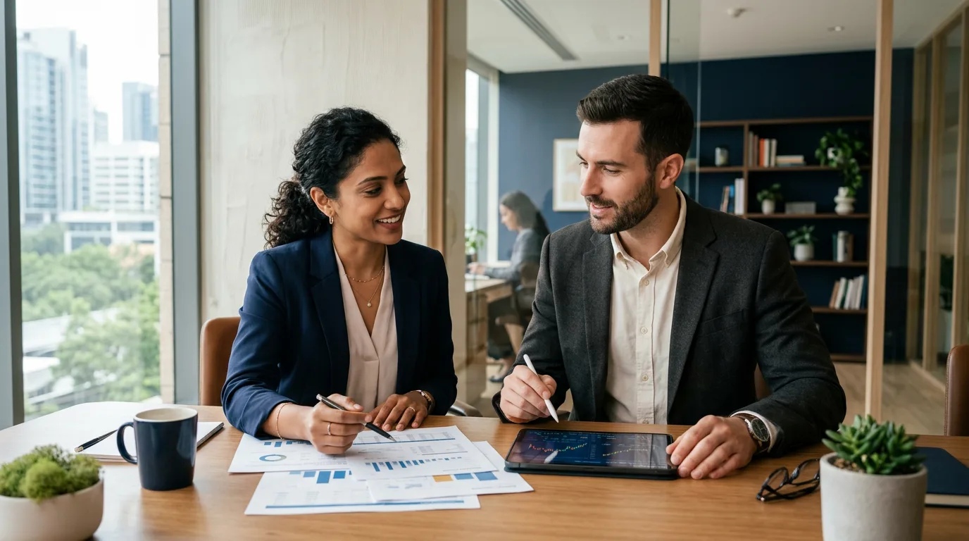 Two finance professionals collaborating over reports
